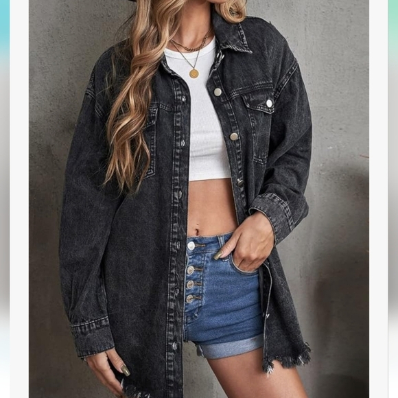 Ripped Hem Denim Button Front Long Sleeve Jacket Shacket - Picture 8 of 13